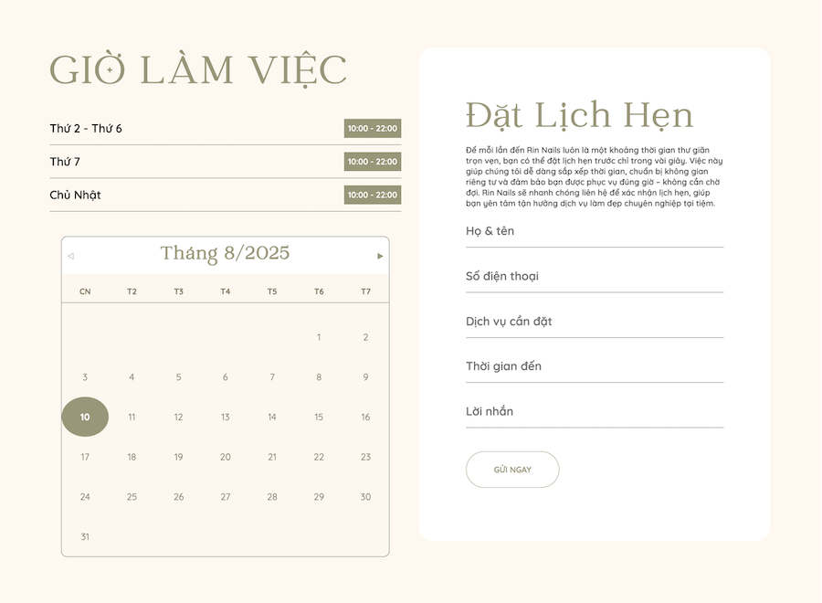 Bạn có thể đặt lịch hẹn nhanh chóng qua website rinnails.com