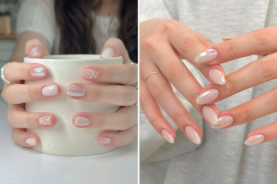Nail tráng gương ngọc trai tone trắng nhẹ nhàng, thanh lịch