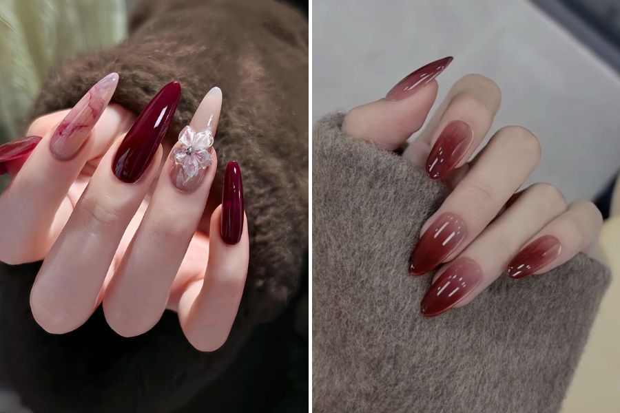 Nail màu đỏ rượu vang kiêu kỳ, quý phái, là lựa chọn hoàn hảo cho các buổi tiệc tối