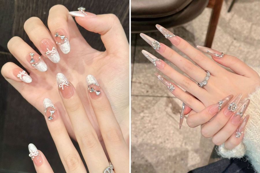 Nail đính đá sang chảnh tinh xảo với các viên đá nhỏ tạo hiệu ứng lấp lánh nổi bật