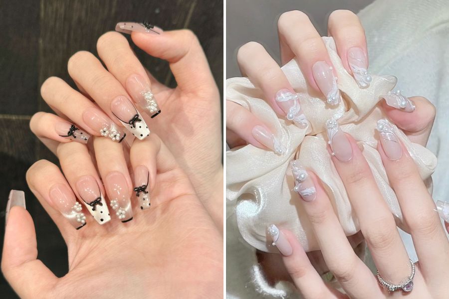 Sự sang trọng và tinh tế của mẫu nail đính ngọc trai
