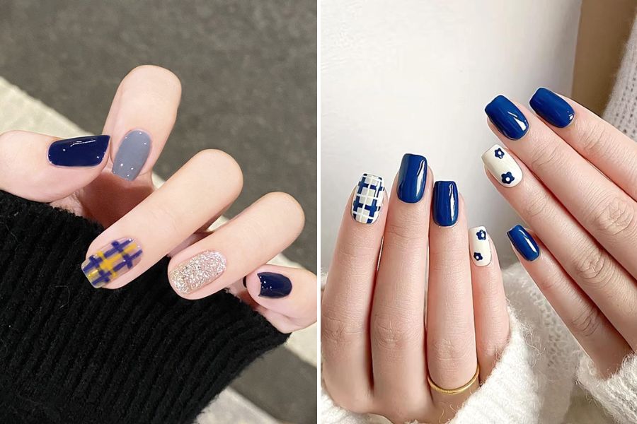 Nail xanh navy kết hợp nhũ kim tuyến giúp tăng thêm vẻ đẳng cấp thời thượng