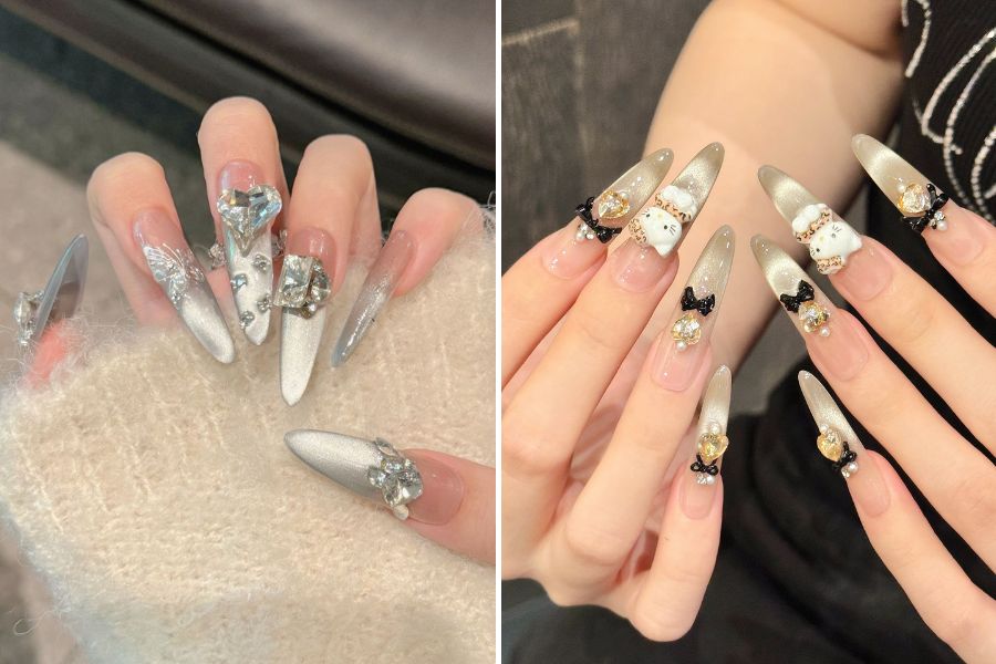 Nail đính charm sáng tạo với các hoạ tiết nơ hoặc trái tim tạo hiệu ứng lấp lánh cuốn hút