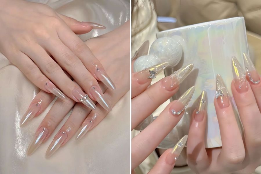 Nail tráng gương ngọc trai bóng mịn và tinh tế, tạo nên vẻ sang trọng nhẹ nhàng