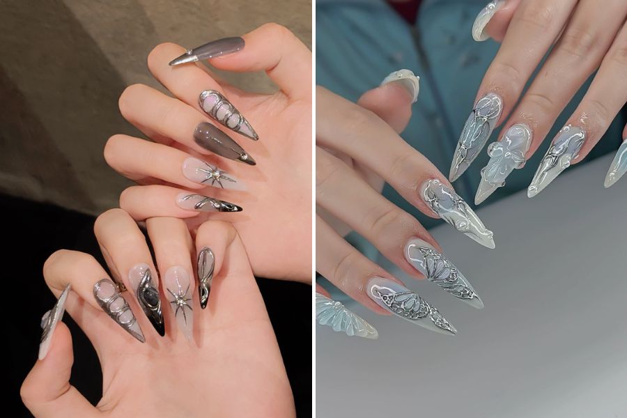 Mẫu nail vẽ tráng gương sáng bóng như kim loại, mang lại vẻ sang trọng hiện đại