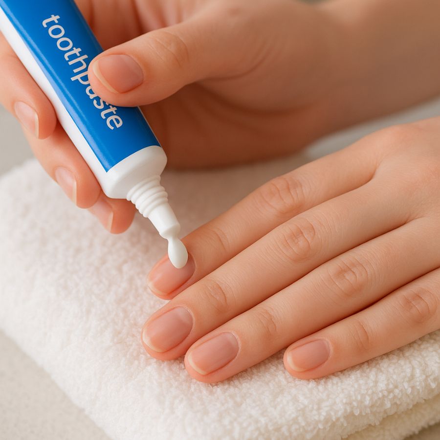 Thoa đều kem đánh răng lên móng tay và massage nhẹ nhàng