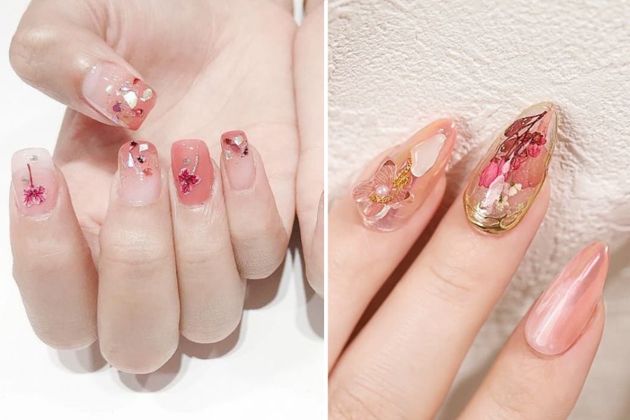 Nail ẩn hoa khô, thiết kế tự nhiên, nhẹ nhàng và lạ mắt