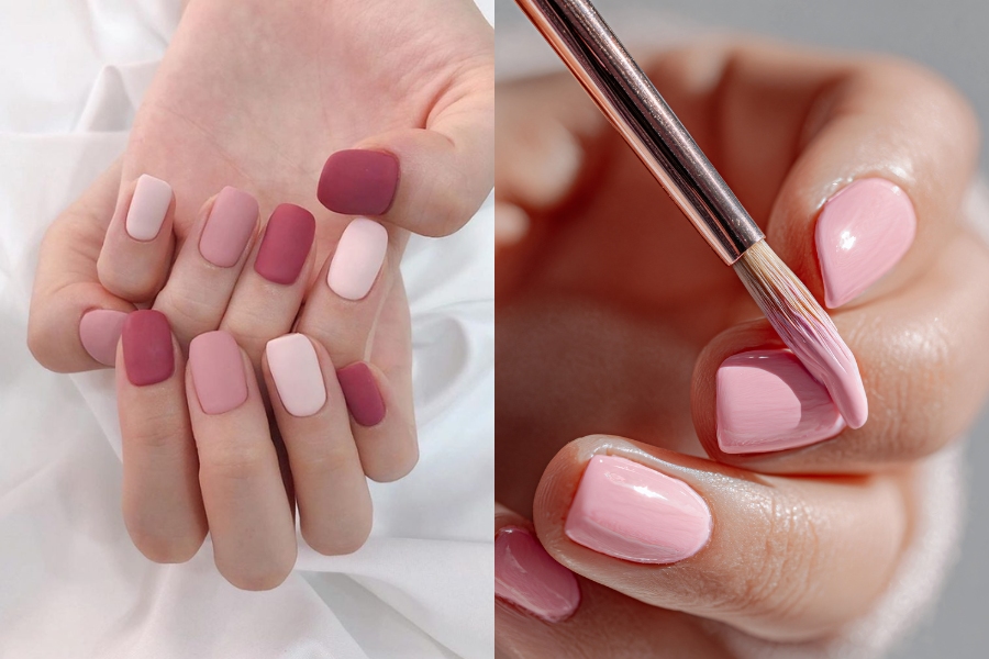Nail pastel hồng đất nhẹ nhàng thanh lịch phù hợp đi làm