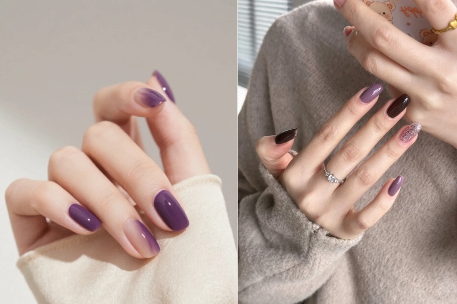 Nail tím trầm pha nhũ nhẹ nhàng mà vẫn cuốn hút