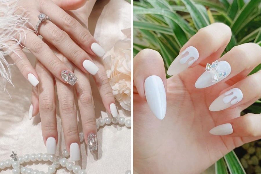 Nail trắng ngà tinh tế, giúp tay sáng bật tông da
