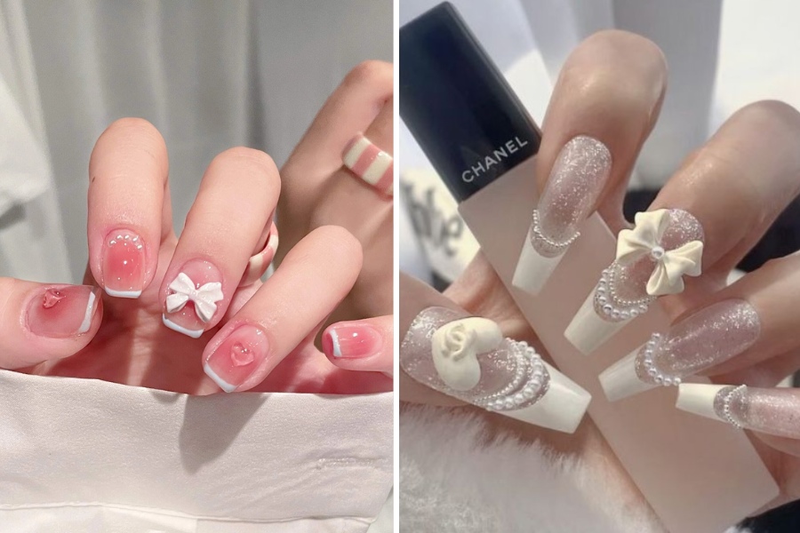 Mẫu nail đính nơ dành cho nàng bánh bèo