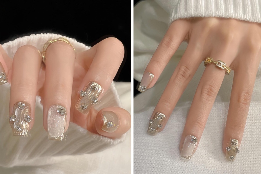 Mẫu nail đính đá khối sang chảnh