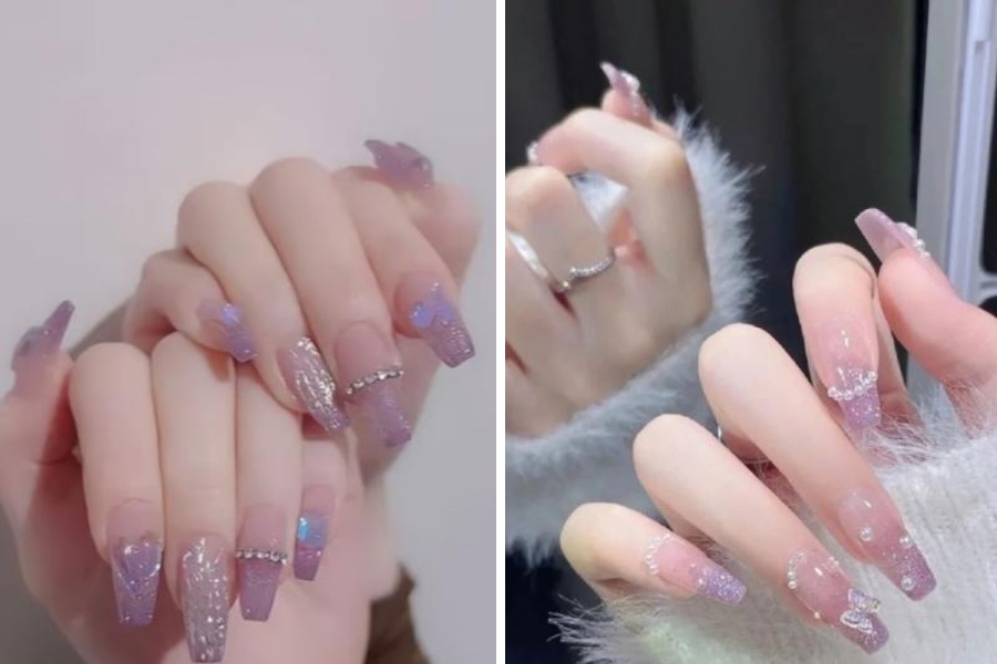 Mẫu nail đính đá sơn mắt mèo lấp lánh