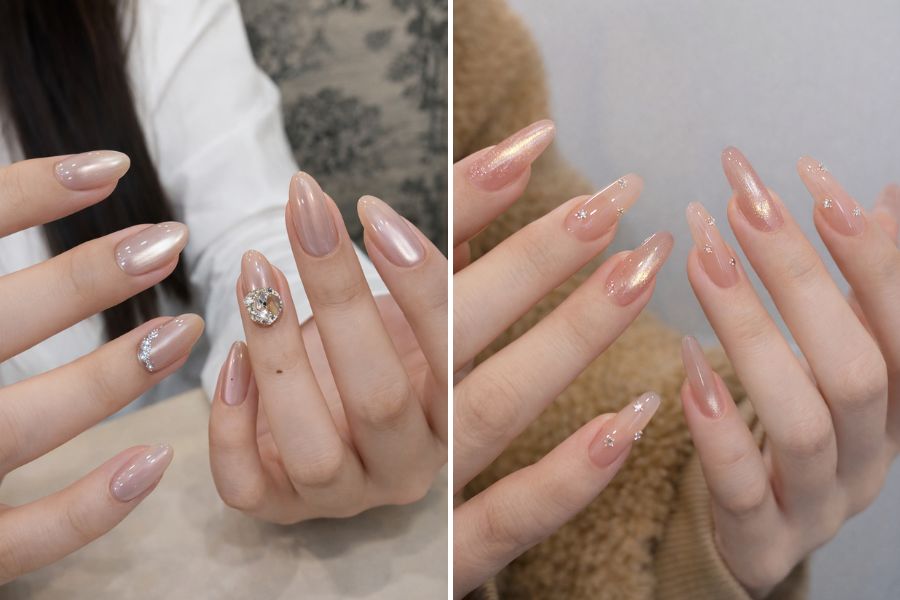 Nàng công sở nên ưu tiên các mẫu nail đính đá với tone màu nhẹ nhàng, thanh lịch