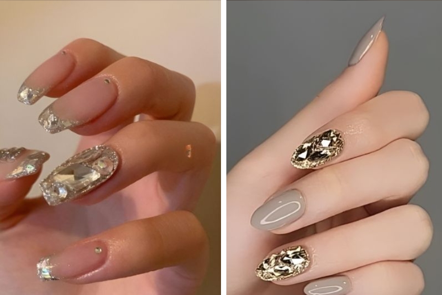 Nail màu be nhẹ nhàng, đính đá nhỏ tạo điểm nhấn