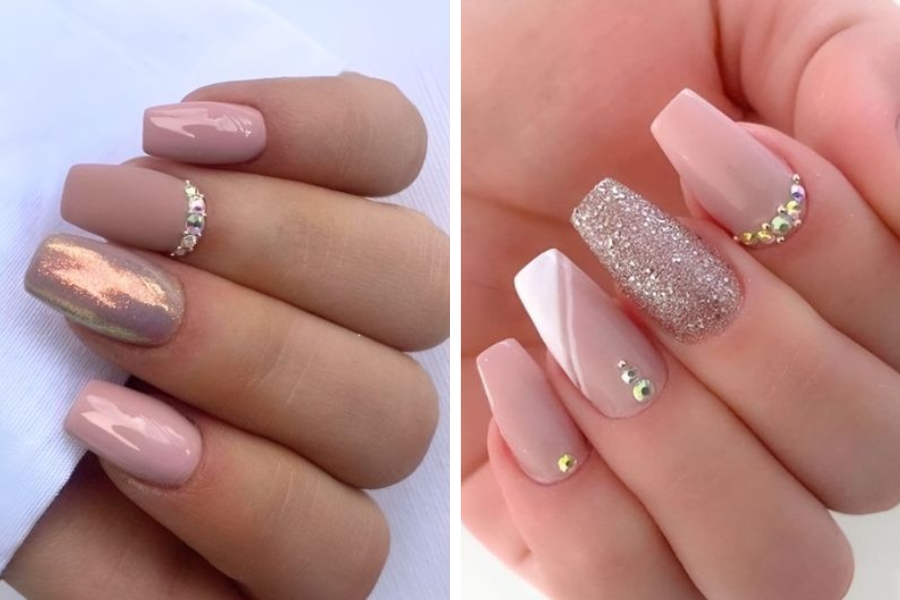 Nail màu nude, điểm xuyết đá nhỏ tạo vẻ ngoài thanh thoát
