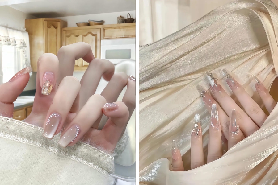 Bạn có thể lựa chọn kiểu nail đính đá hoặc tráng gương