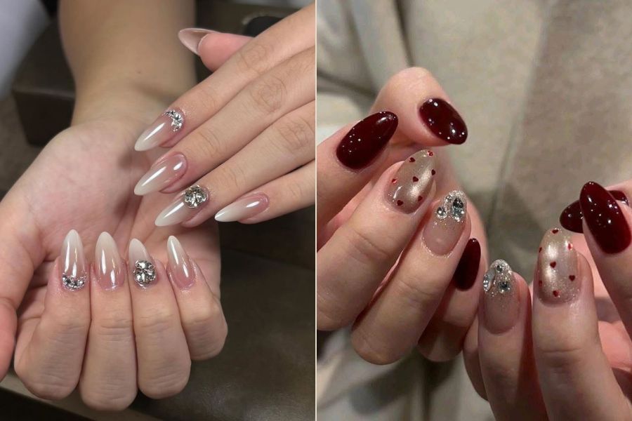 Mẫu nail Tết đính đá đơn giản, sang trọng và tinh tế