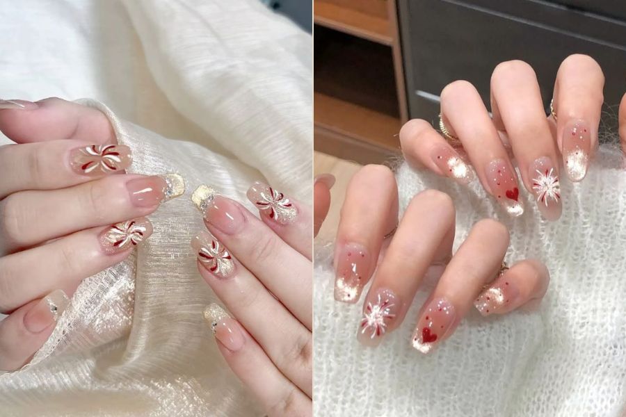 Mẫu nail vẽ pháo hoa rực rỡ, nổi bật cho ngày Tết