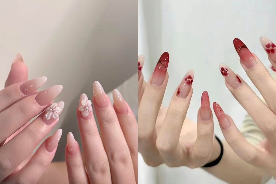 Mẫu nail Tết vẽ hoa nhẹ nhàng, nữ tính và thanh lịch