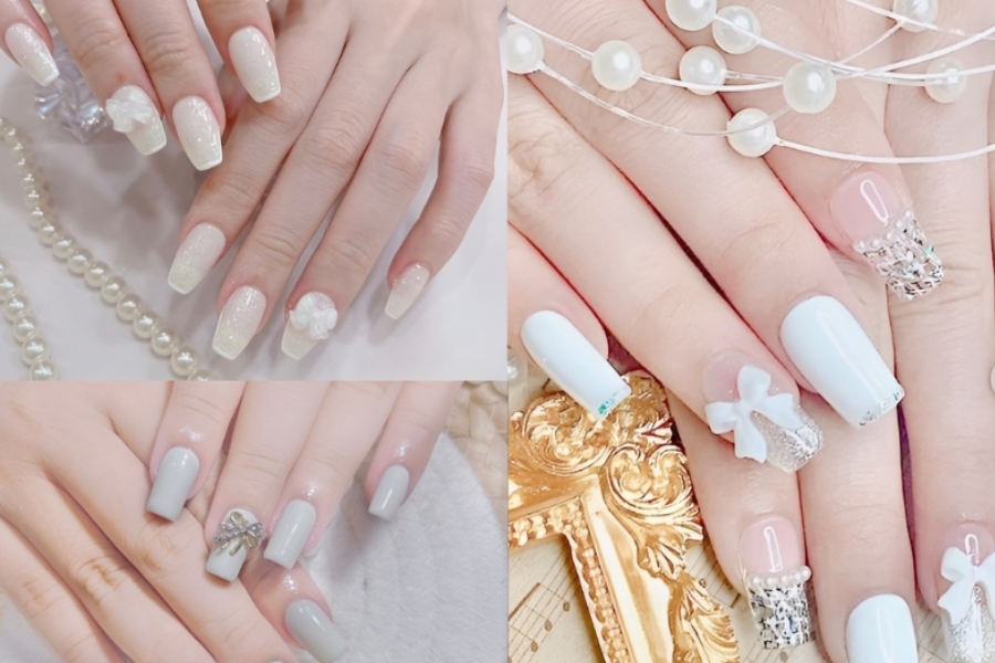 Mẫu nail Tết đính nơ dễ thương, ngọt ngào và nổi bật