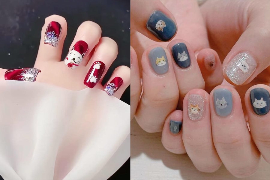 Móng mắt mèo dễ thương với họa tiết mèo may mắn