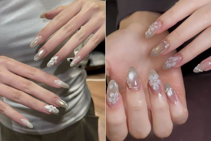 Móng mắt mèo lấp lánh, trang trí hoa tinh tế