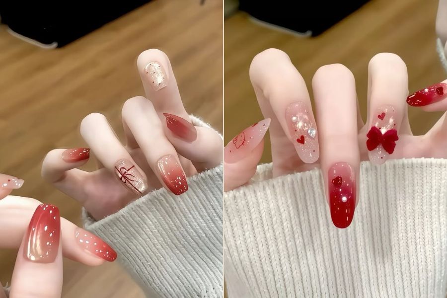 Nail mắt mèo vẽ nơ vừa ngọt ngào vừa sang, hoàn hảo để đón Tết rực rỡ