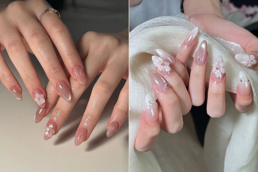 Nail mắt mèo đính hoa tinh tế, mang đến vẻ tươi vui, rực rỡ cho dịp Tết