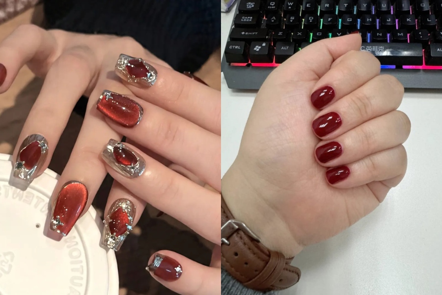 Nail mắt mèo màu đỏ là lựa chọn hoàn hảo để đón Tết tưng bừng