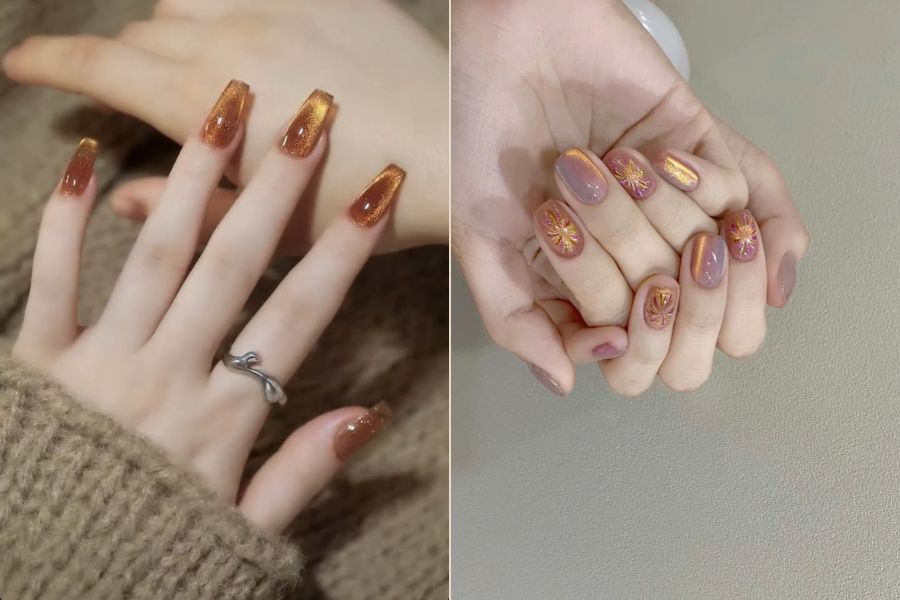 Móng mắt mèo tông vàng rực rỡ, nổi bật ngày Tết