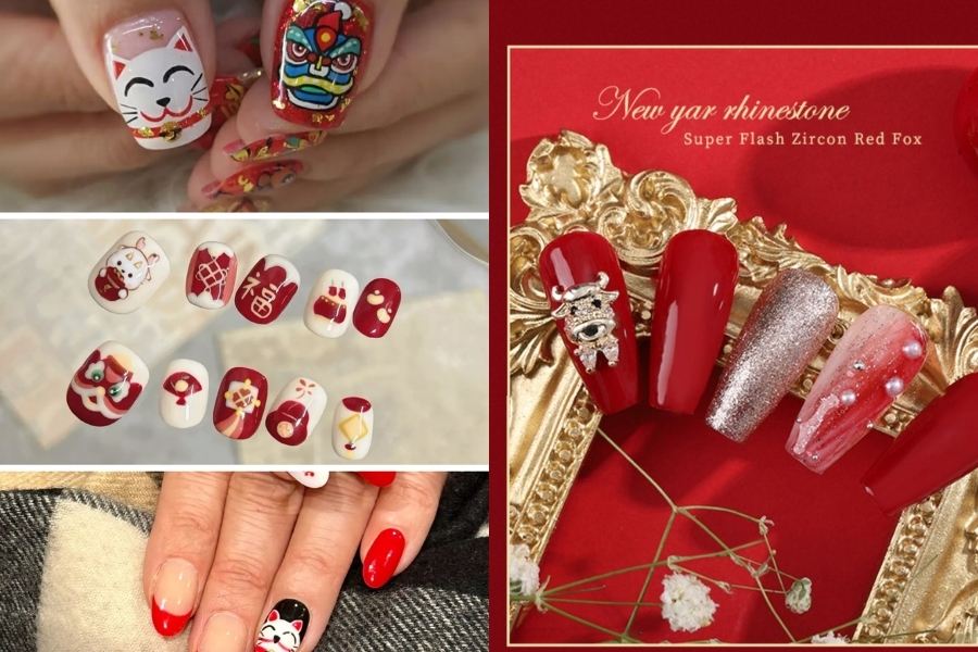 Mẫu nail Tết đính charm con lân màu đỏ độc đáo và may mắn