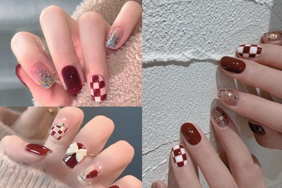 Mẫu nail đỏ chơi Tết vẽ họa tiết caro nổi bật và thời thượng