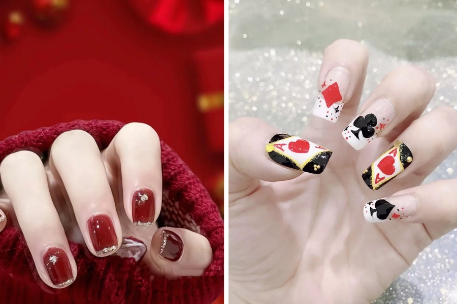 Mẫu nail tay đẹp thường ưu tiên sắc đỏ, vàng hoặc nude ánh kim