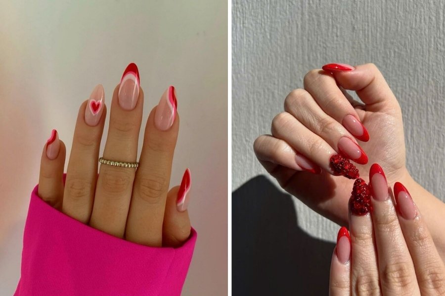 Nail valentine thường ưa chuộng các gam màu lãng mạn như đỏ, hồng pastel hoặc tím nhạt