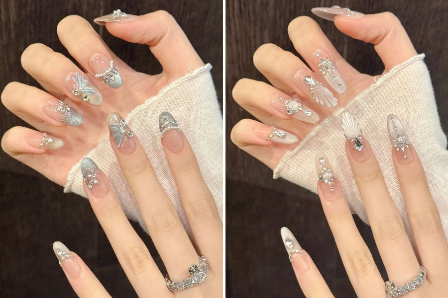 Nail mắt mèo kết hơp đính đá là sự lựa chọn hoàn hảo cho mọi cô gái