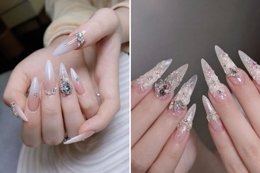 Nail cô dâu nên ưu tiên các tone màu trắng hoặc nude kết hợp charm đá nổi bật