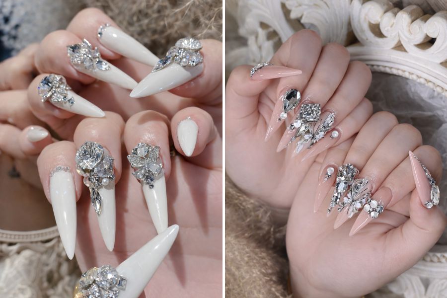 Gợi ý mẫu nail đính đá khối form dài nhọn sang chảnh