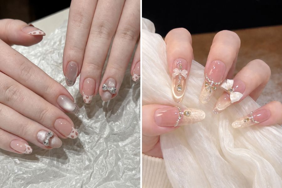 Mẫu nail đính nơ dành cho nàng bánh bèo