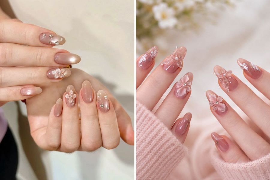 Hoạ tiết hoa nổi bật trên nền màu hồng nude, điểm nhấn là viên đá nhỏ ở nhuỵ hoa
