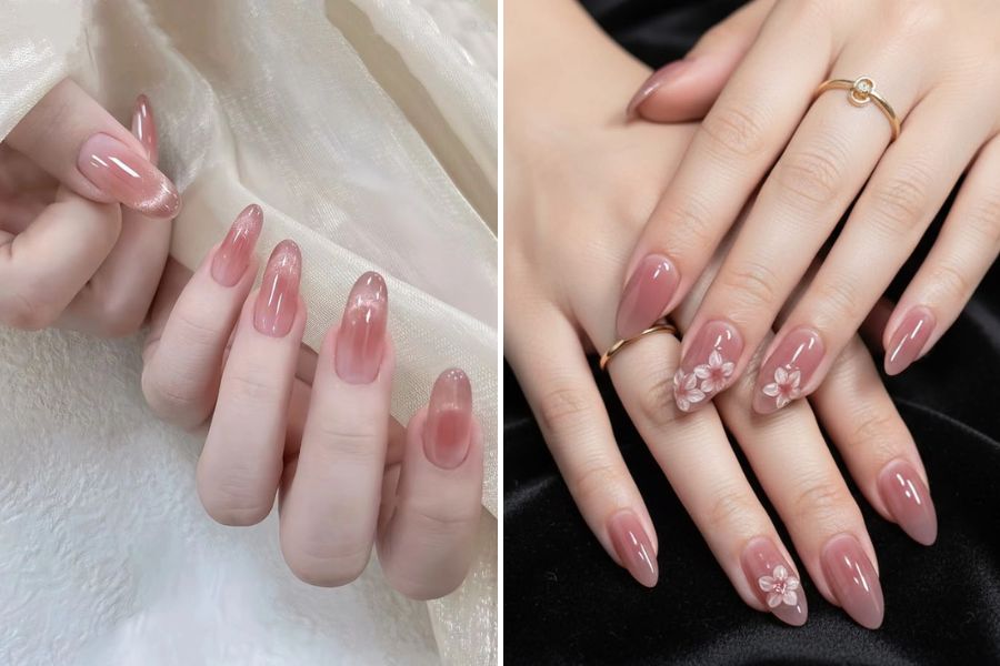 Mẫu nail màu hồng nude với form tròn mềm mại, mang phong cách thanh lịch