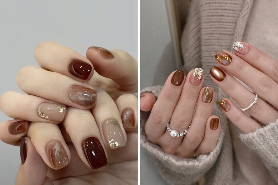 Nail mocha sang trọng với điểm nhấn là nhũ vàng lấp lánh
