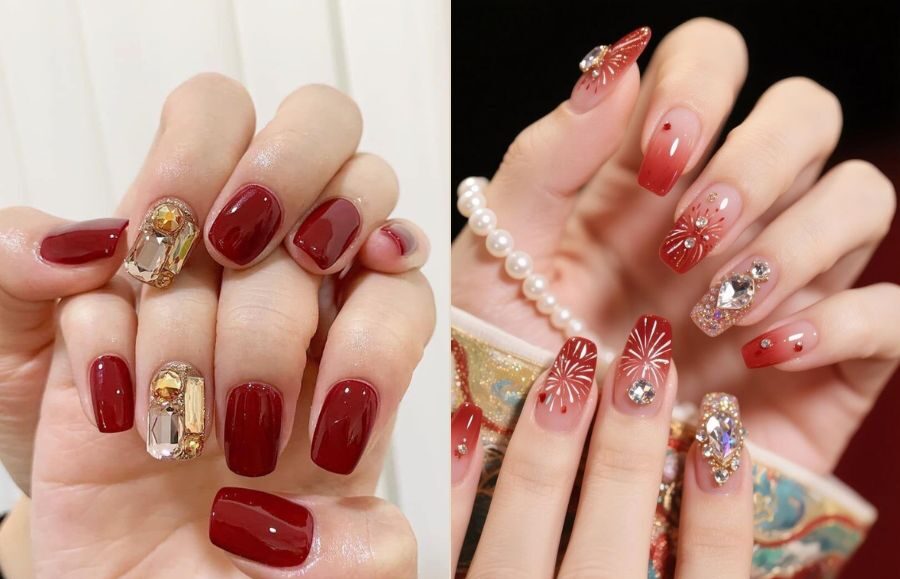 Mẫu nail Tết màu đỏ đính charm nổi sang trọng và bắt mắt