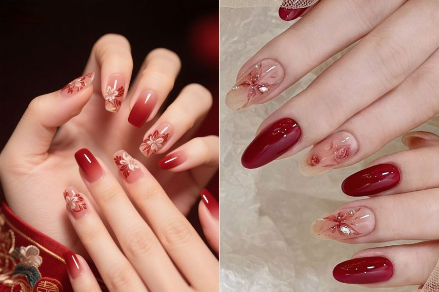 Mẫu nail đỏ vẽ hoa rực rỡ, đón Tết tràn đầy may mắn