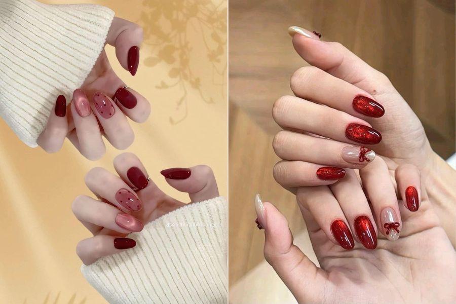 Mẫu nail mắt mèo đỏ lấp lánh, rực rỡ đón Tết may mắn