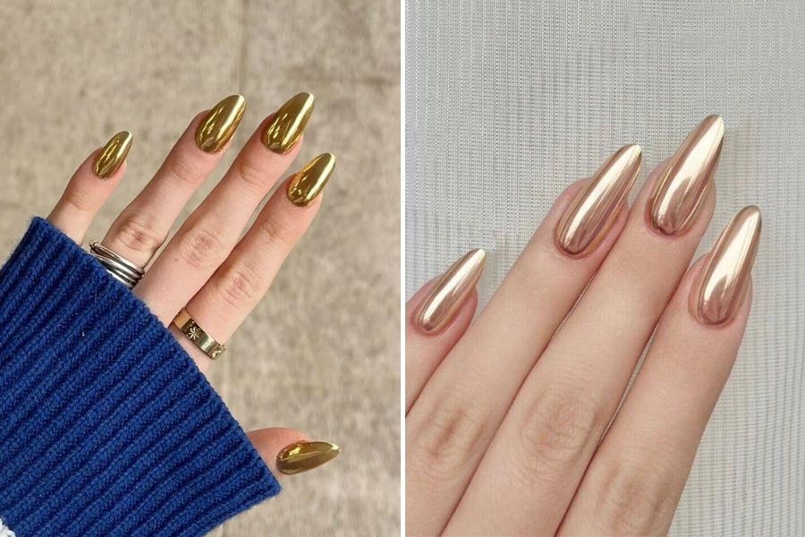 Mẫu nail tráng gương màu vàng đồng hiện đại