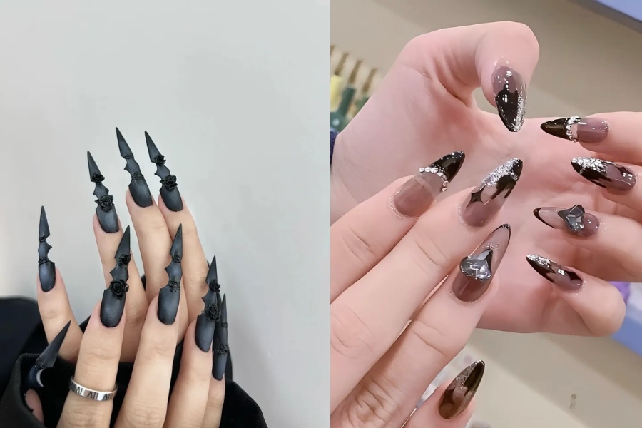Mẫu nail này hợp quý cô cá tính, thích móng nhọn màu đậm và phụ kiện kim loại